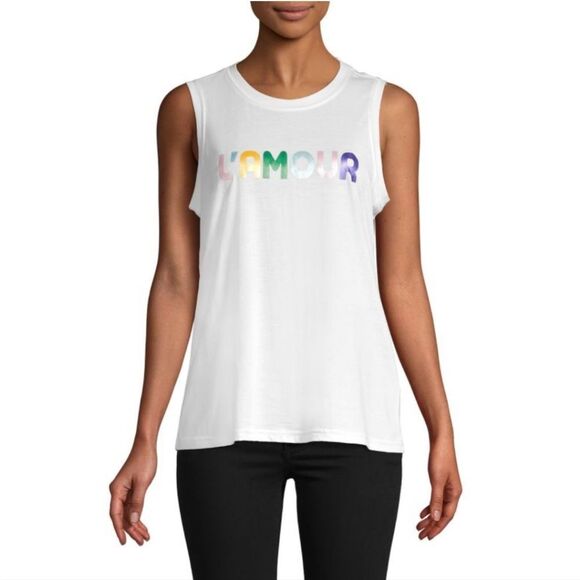 Rebecca Minkoff L' Amour White Muscle Tee with Multicolor Print sz L - Picture 1 of 9